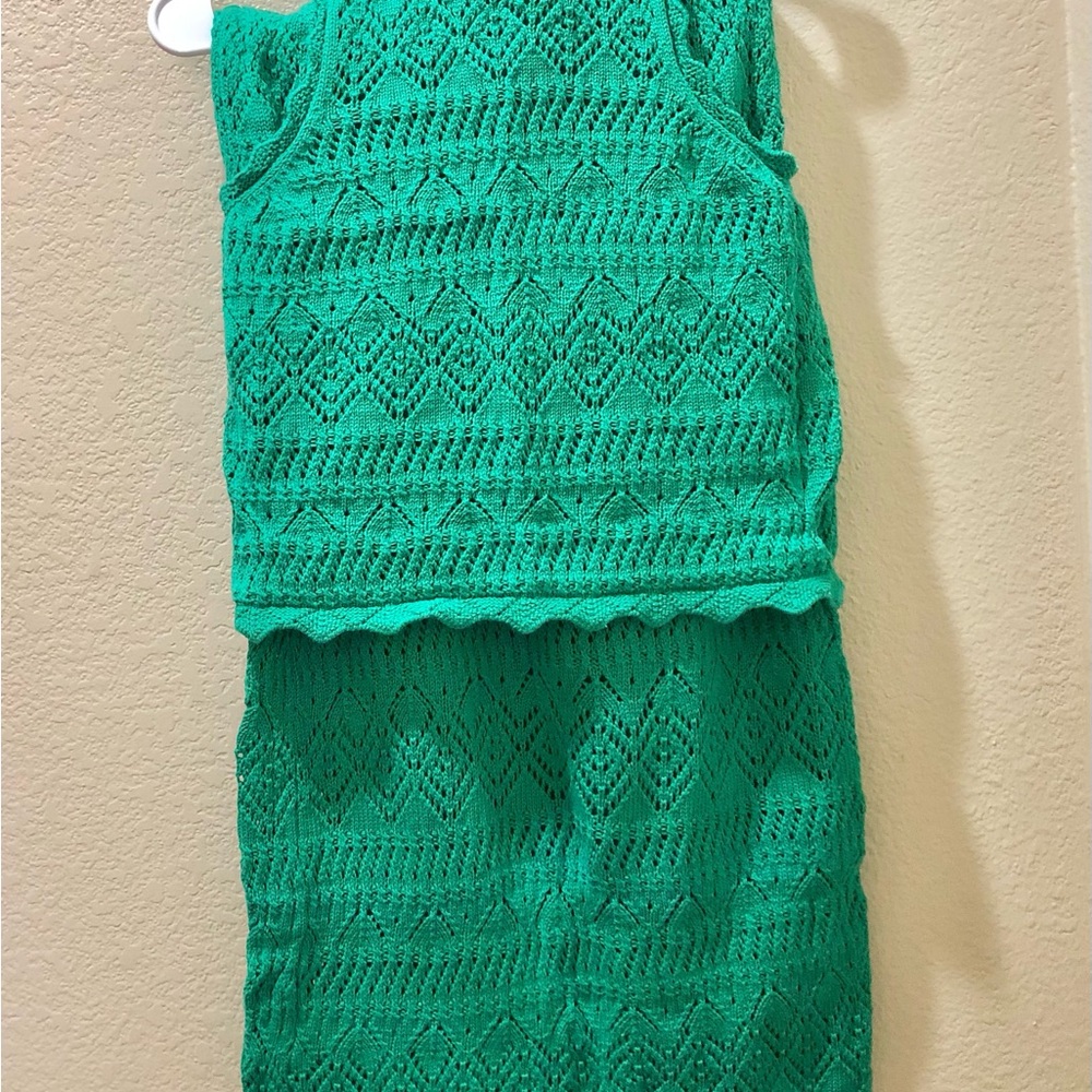Women’s Green Knit Midi Skirt and Top Set - Casual Summer